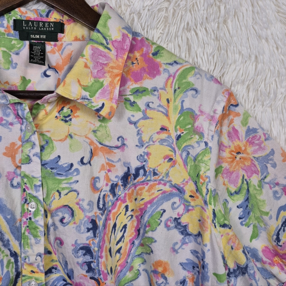 Lauren Ralph Lauren Top Womens 20W Slim Button Up Floral Watercolor Short Sleeve